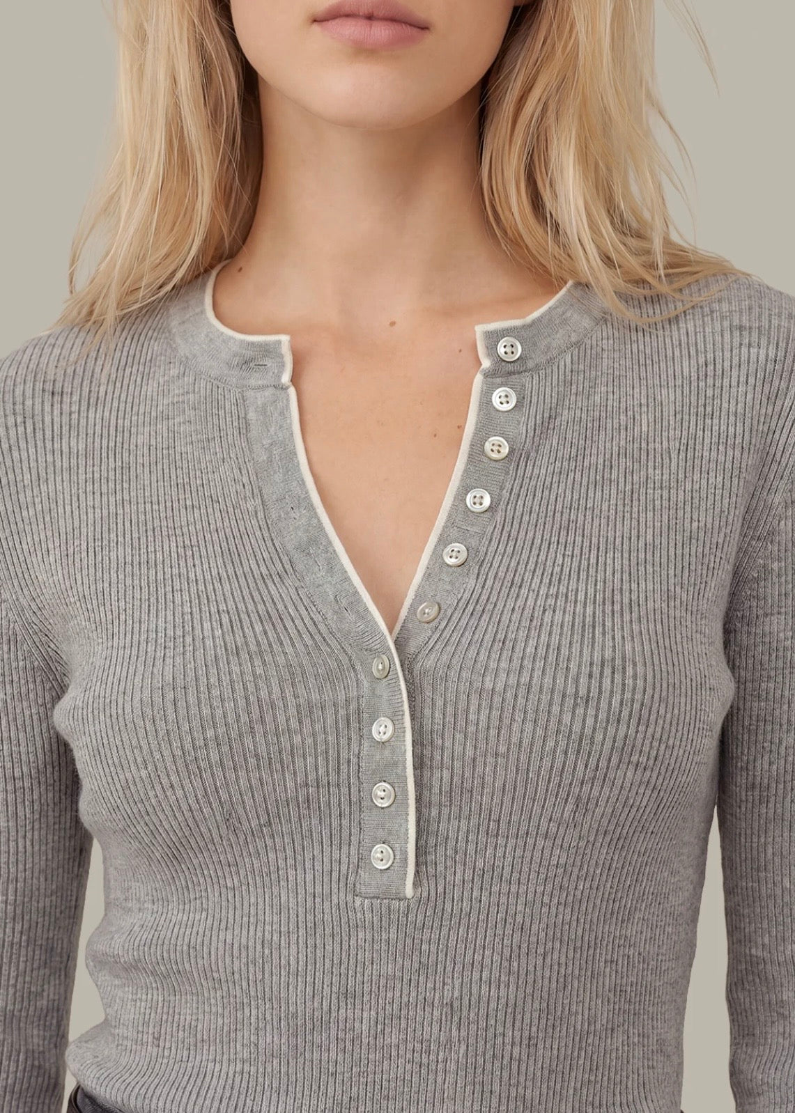 Emmeline Rib Layered Henley - Heather Grey