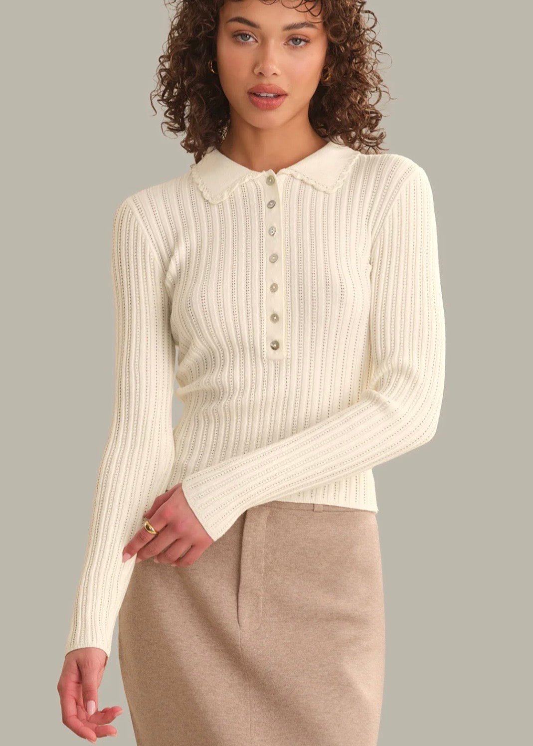 Tabitha Crochet Collar Henley - Sea Salt