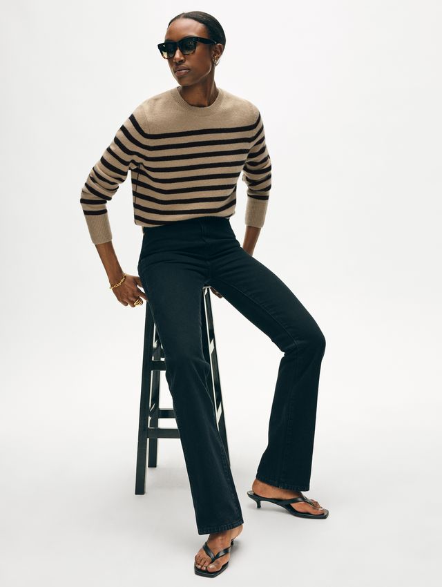 Cashmere Striped Crewneck Sweater - Khaki/Black