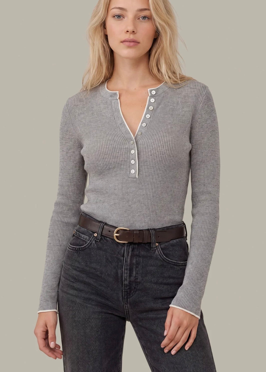 Emmeline Rib Layered Henley - Heather Grey