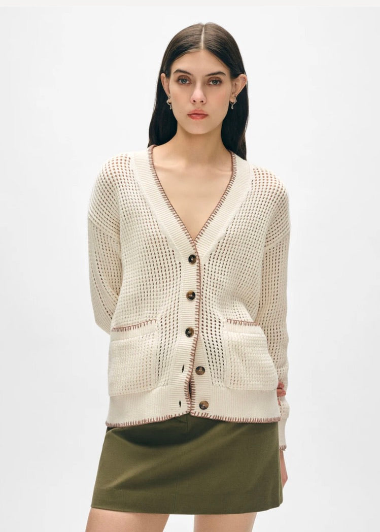 Organic Cotton Blanket Trim Cardigan - Ivory / Suede