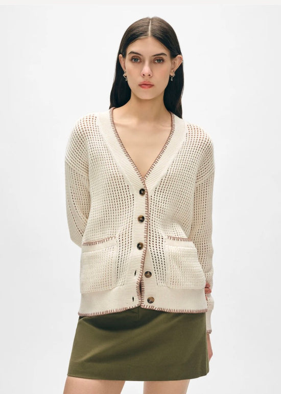 Organic Cotton Blanket Trim Cardigan - Ivory / Suede