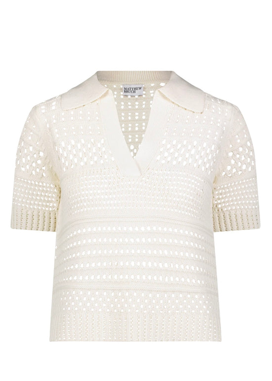 Variegated Knit Mesh Polo Top - White