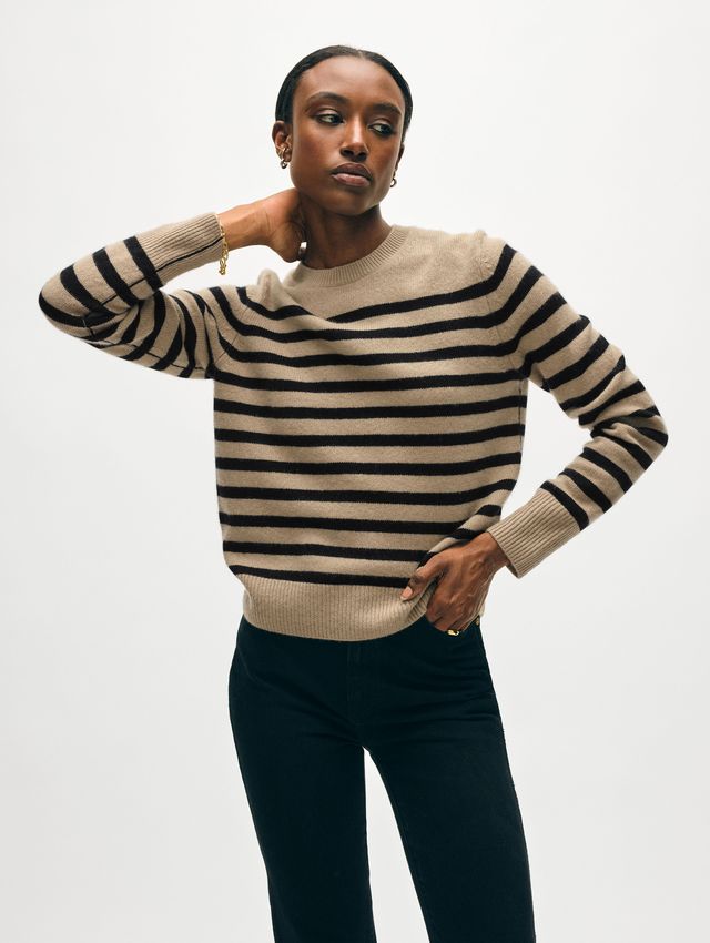 Cashmere Striped Crewneck Sweater - Khaki/Black