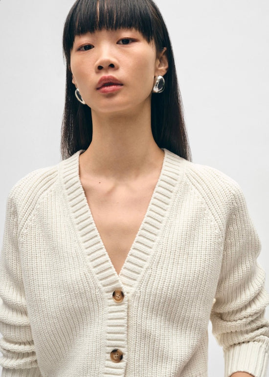 Cotton Linen Ribbed Button Cardigan - White