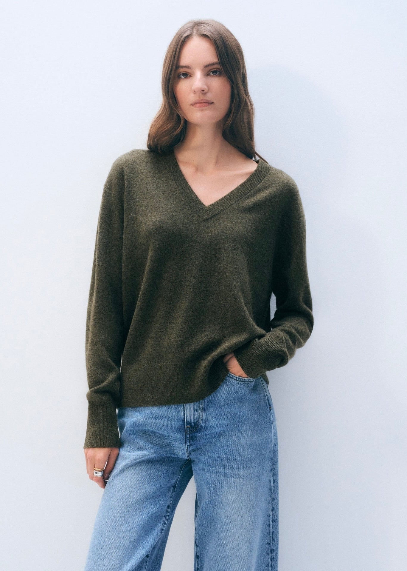 Cashmere V Neck - Thyme Heather