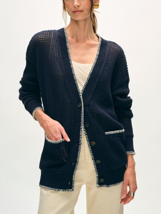 Organic Cotton Blanket Trim Cardigan - Navy/Ivory