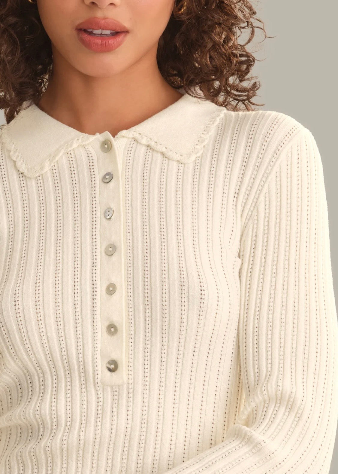 Tabitha Crochet Collar Henley - Sea Salt