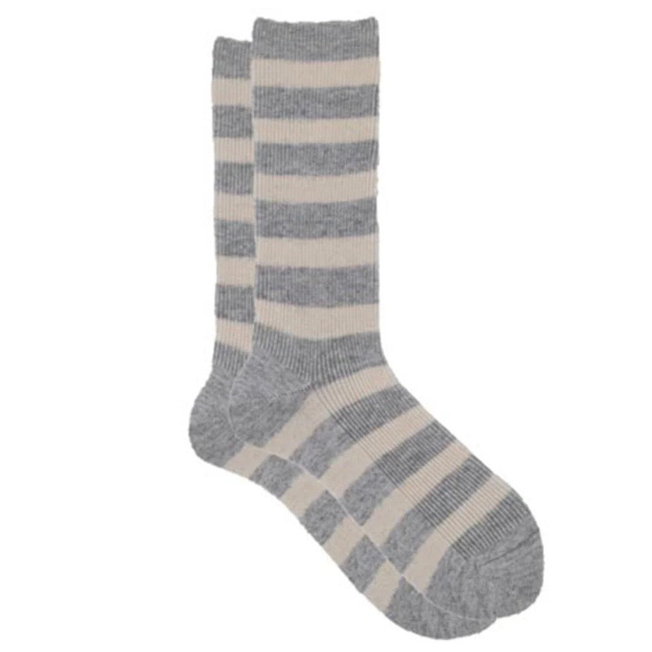 Ribecca Striped Ribbed Cashmere Crew - Ash/Cream