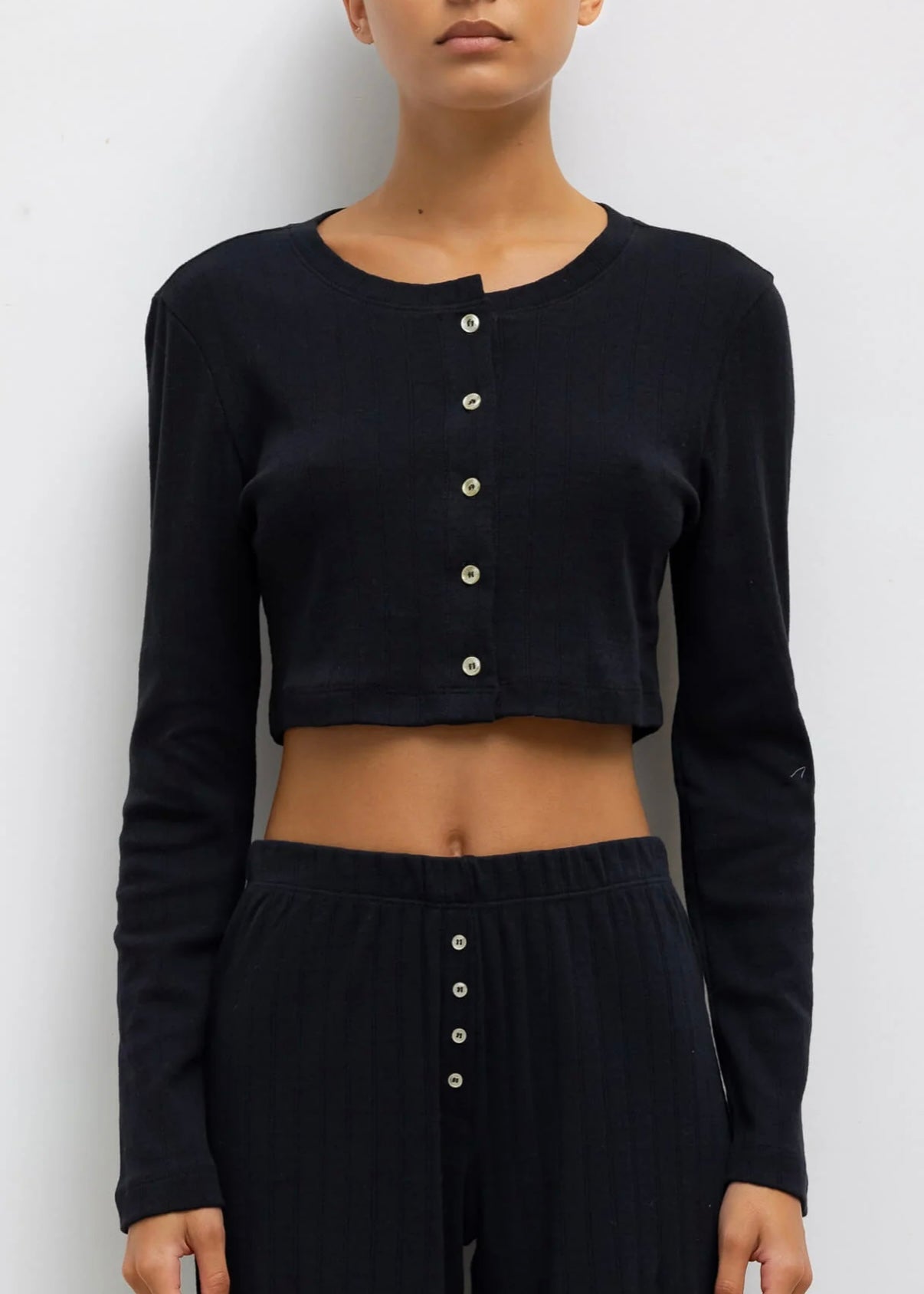 Pointelle Crop Cardigan - Black