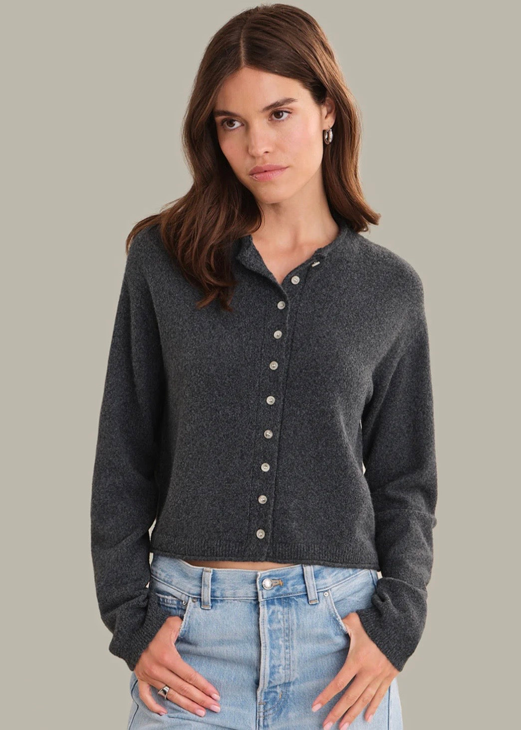 Blaire Rolled Collar Cardigan - Charcoal Grey