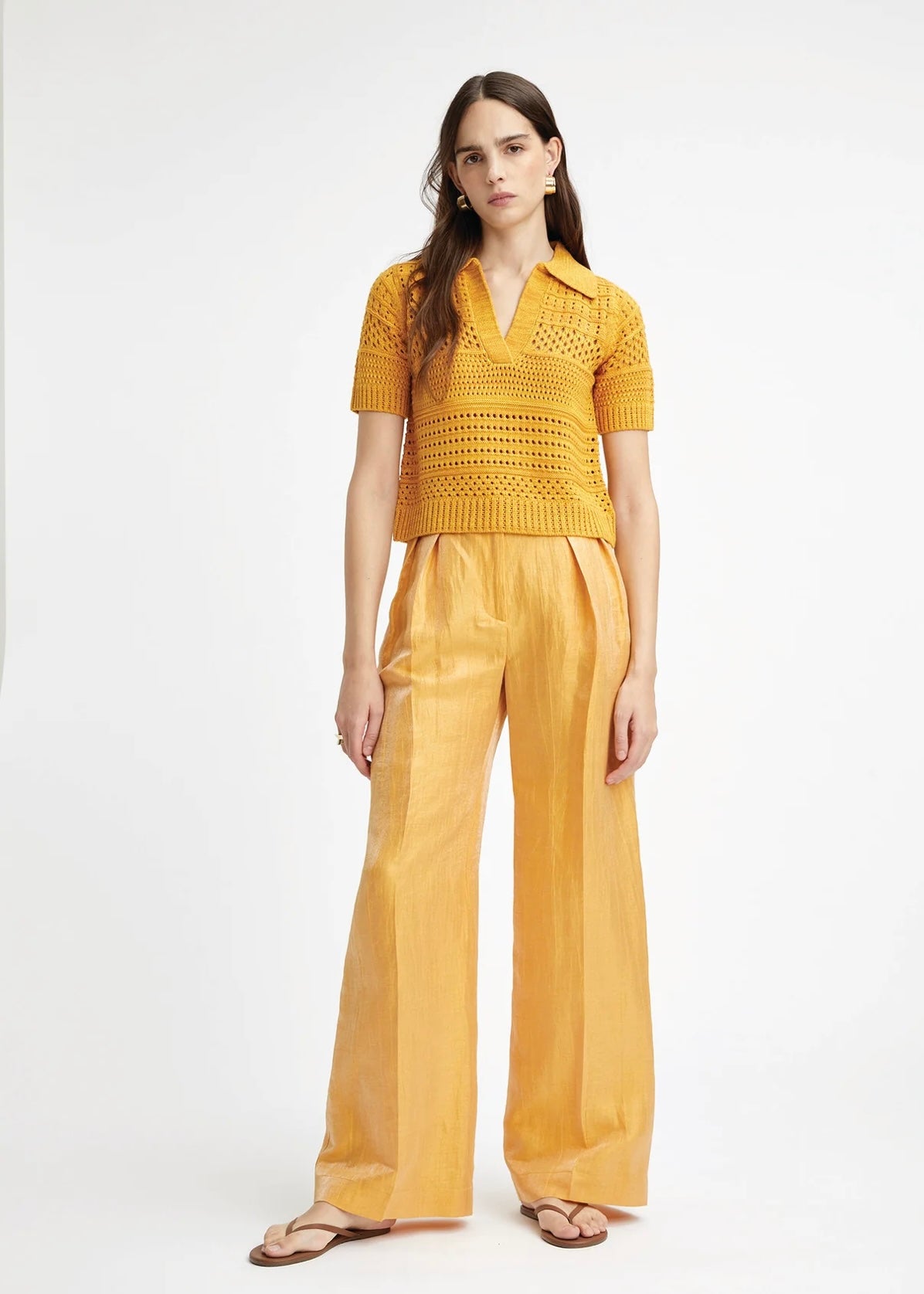 Variegated Knit Mesh Polo Top - Saffron