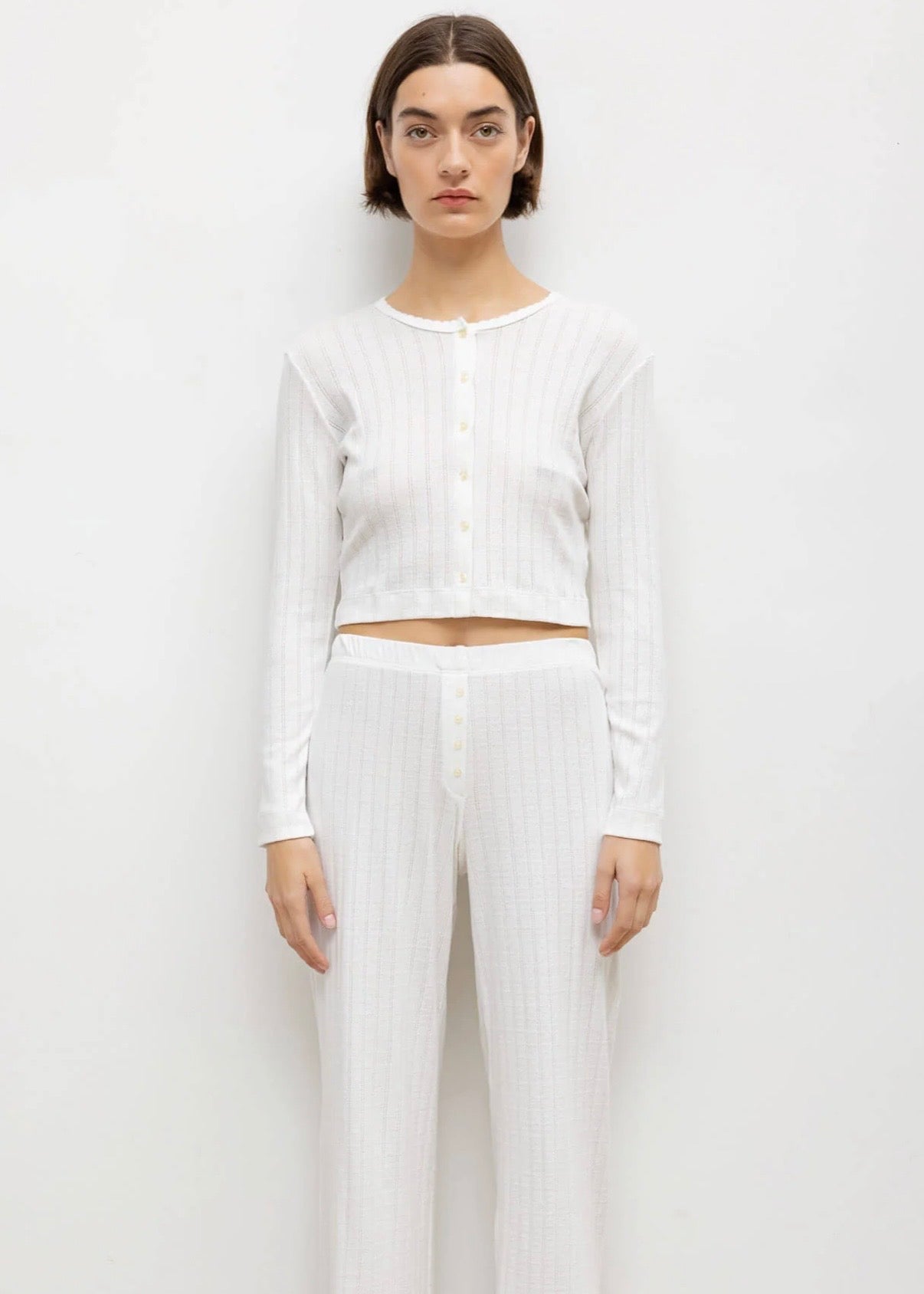 Pointelle Crop Cardigan - White