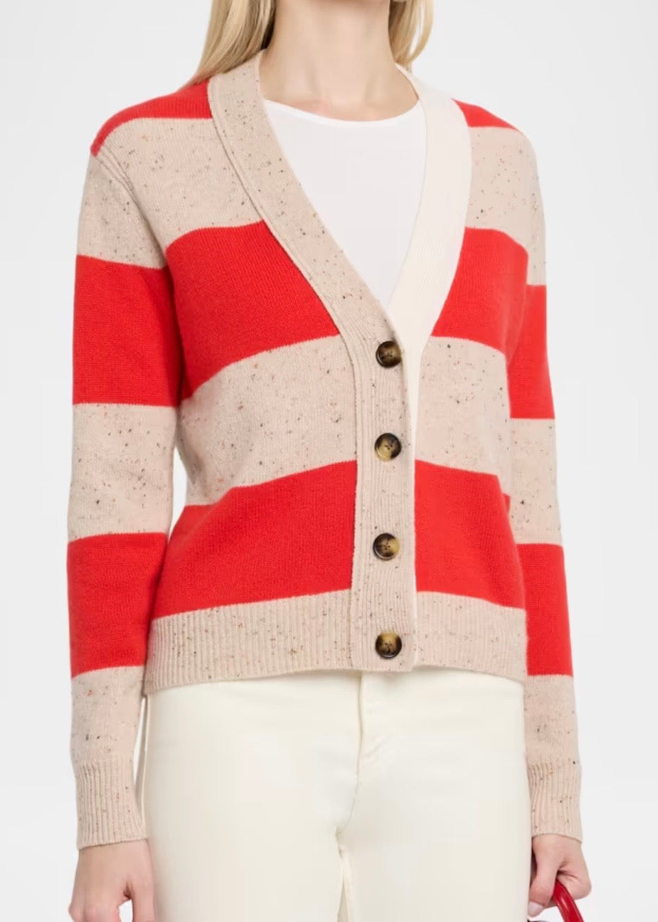 4 Ply Rugby Cardi - Wild Rice/Redhot