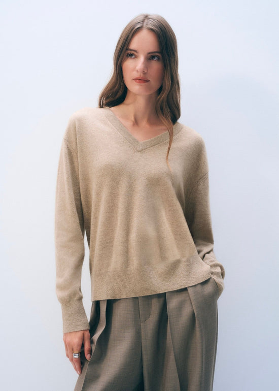 Cashmere V Neck - Taupe Heather