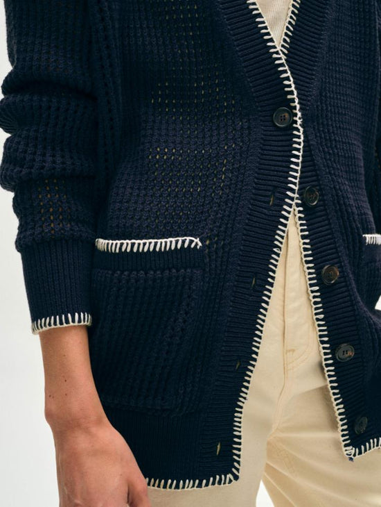 Organic Cotton Blanket Trim Cardigan - Navy/Ivory