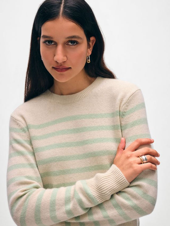 Cashmere Striped Crewneck Sweater - Natural/Mint