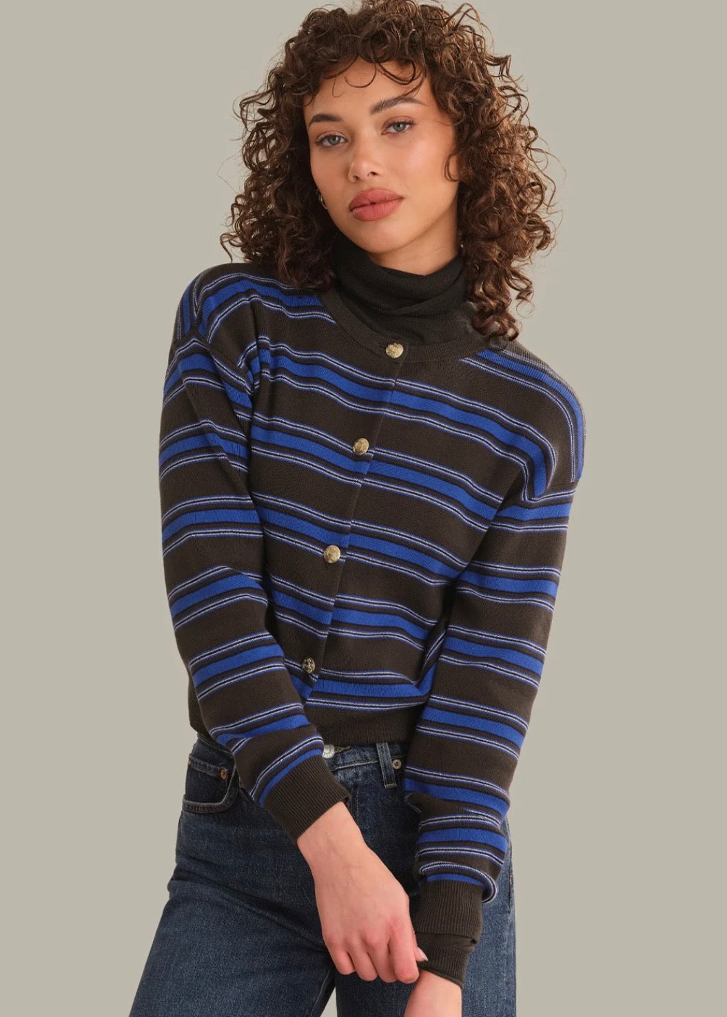 Tove Crewneck Stripe Cardi - Chocolate Stripe