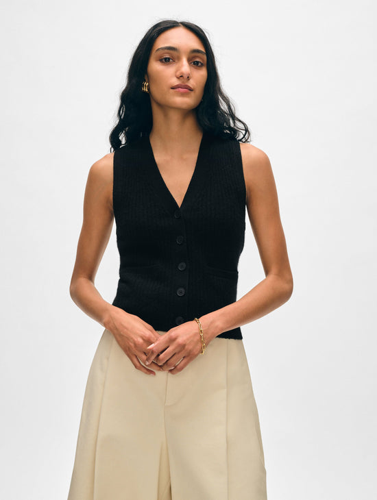 Cashmere Ribbed Button Vest - Black