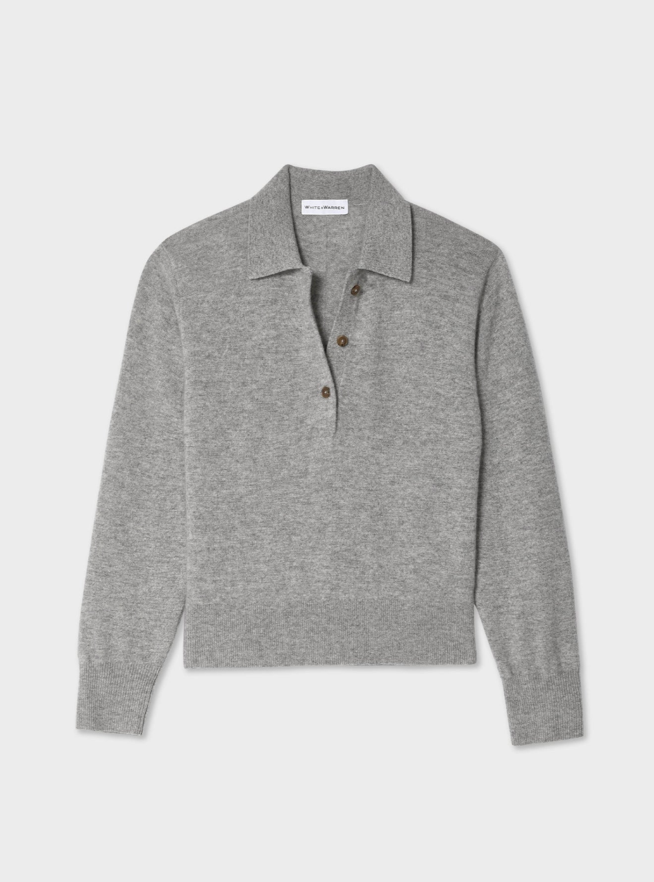 Cashmere Button Polo - Heather Grey