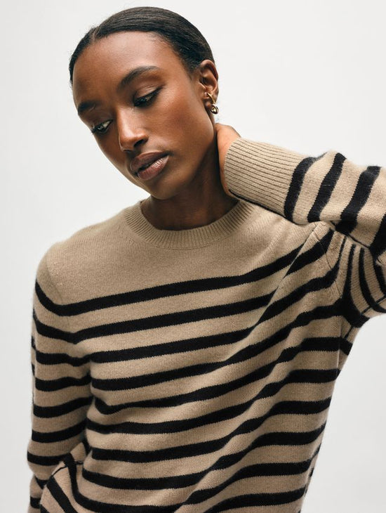 Cashmere Striped Crewneck Sweater - Khaki/Black