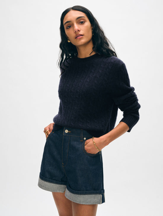 Cashmere Featherweight Cable Crew - Deep Navy