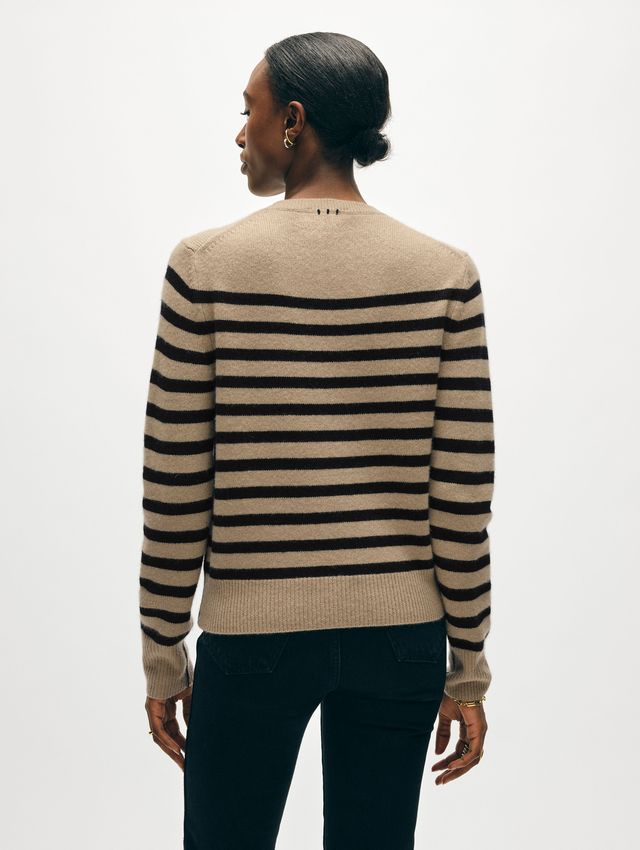 Cashmere Striped Crewneck Sweater - Khaki/Black